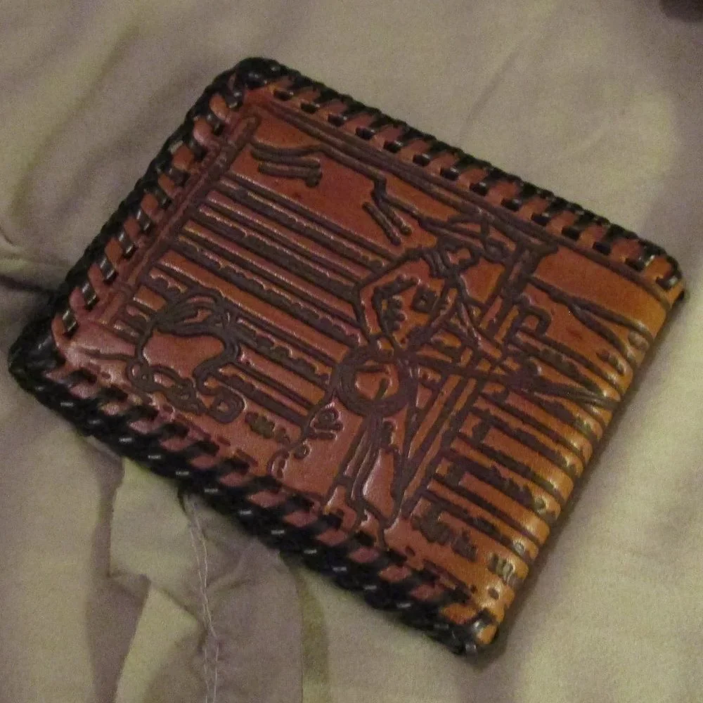 tooled leather folding wallet